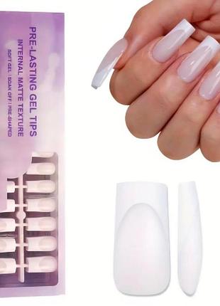 Гелеві тіпси для нарощування з французьким манікюром soft gel глянцеві квадрат l 150 шт молочні з білим френчем (018)