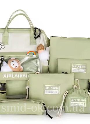 Шкільний підлітковий комплект 5 в 1 чорний для дівчинки 5-11 класу стиль preppy: рюкзак, 3 значка, 2 брелка. світло-зелений