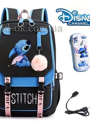 Молодежный рюкзак сине-черный disney stitch для старших классов: usb-порт, кабель, кодовый замок, меховый помпон.