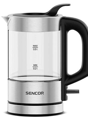 Электрочайник sencor swk160ss 0.5л, strix, пластик, в комплекте 2 стакана + 2ложки, скло, нерж.сталь