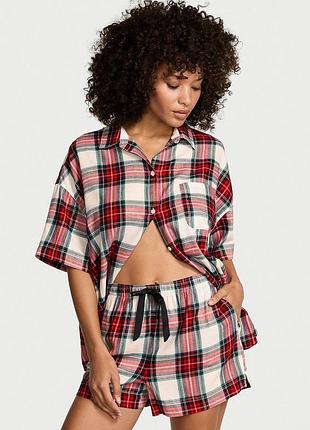 Комбінована піжама оригінал жіноча flannel oversized short pajama set — червона картата піжама оверсайз  сорочка + шорти victoria's secret