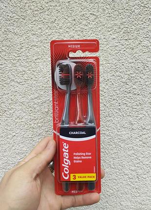Набір зубних щіток colgate brilliant star charcoal medium 3 шт – активоване вугілля, видалення нальоту