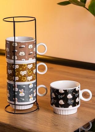 Набір порцелянових чашок для дітей на металевій підставці toys 4 (шт) по 300 (мл) подарунковий набір чашок fm-15
