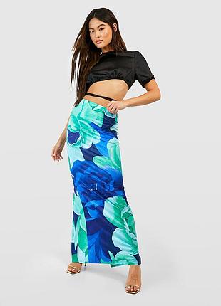 Юбка макси длинная в пол разрез пляжная цветочный принт синяя boohoo