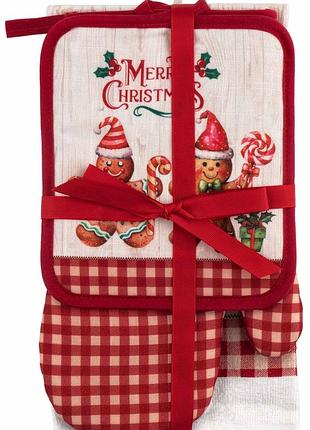 Подарочный набор для кухни ardesto christmas gingerbread, 3шт, 100% хлопок (рустик), 100% полиэстер (прихватки), красный