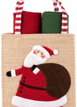 Подарочный набор полотенец в мешочке ardesto christmas santa 38х63см, 2шт, 100% хлопок, красный, зеленый