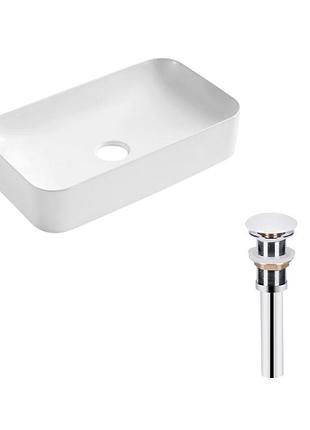 Комплект qtap tern: раковина накладна прямокутна 605x350x140 мм white + донний клапан pu02