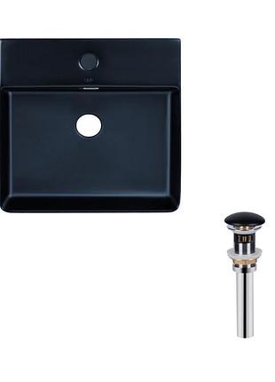 Комплект qtap nando lt: раковина підвісна прямокутна 500х420х120 мм matt black + донний клапан pu03o