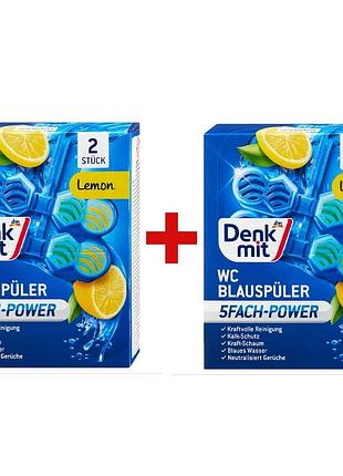 Туалетный блок denkmit lemon с ароматом цитруса, 2 упаковки по 2 шт. – двойной запас цитрусовой свежести.