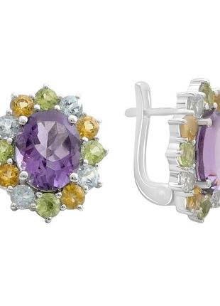 Срібні сережки високої якості з натуральним аметистом 7.325ct, цитрином, хризолітом, топазом (2193371)