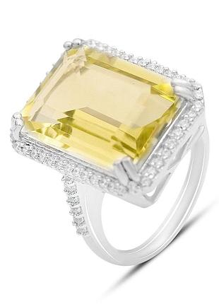 Серебряное кольцо высокогокачества с натуральным зеленим кварцем 14.86ct, фианитами, вес изделия 8,66 гр (2162285) 17.5 размер