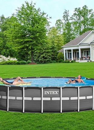 Круглый семейный каркасный бассейн intex 26340 с фильтр-насосом лестницей и тентом (732 x 132 см)