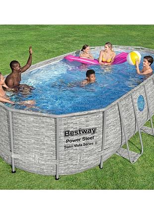 Семейный каркасный овальный бассейн bestway 56716 с лестницей фильтр-насос и тентом (549х274х122 см) + подарок