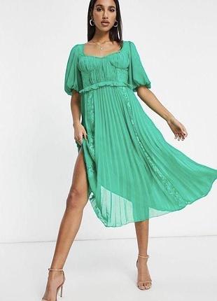Сукня asos зелена літня в стилі бріджертонів з декольте s
