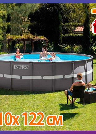 Круглый семейный каркасный бассейн intex 26334 с фильтр-насосом лестницей и тентом (610 x 122 см) + подарок