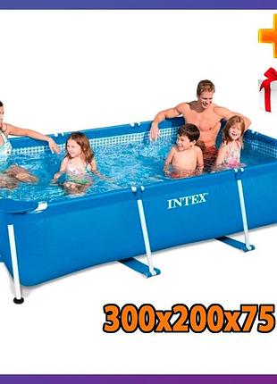 Прямоугольный семейный каркасный бассейн intex 28272 (300х200х75 см) rectangular frame pool + подарок
