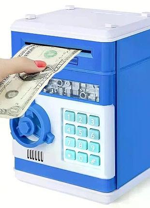 Электронная копилка сейф банкомат для детей с pin-кодом, автоматический прием банкнот и монет blue kp-87