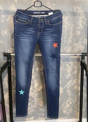 Джинси skinny жіночі rainbow темно-сині з вишивкою ⭐ розмір xs/s