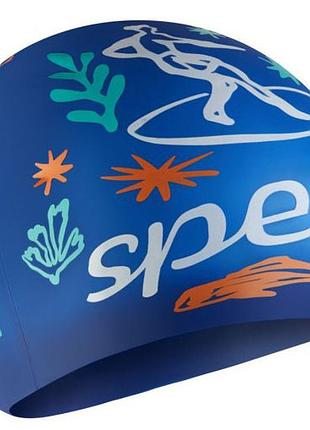 Дитяча шапочка для плавання спеедо speedo оригінал slogan prt cap ju/jf/jm синій, білий діт osfm 8-0838616700