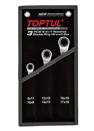 Набор ключей накидных с двойной трещоткой 72 зубца pro-series 3шт 8-19мм toptul gpaq0301