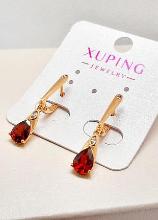 Серьги подвески с красными цирконами, медзолото xp 18k. 3 см.
