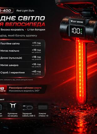 Задній ліхтар для велосипеда intelligent sensing cob rgb, з датчиком гальмування та навігаційним стоп-сигналом
