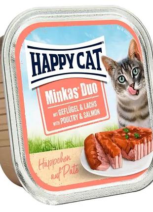 Happy cat minkas duo влажный корм для кошек с птицей и лососем, 100 г