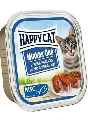 Happy cat minkas duo влажный корм для кошек с говядиной и лососем, 100 г