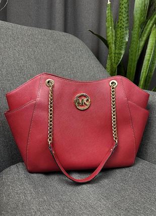 Оригінальна шкіряна сумка michael kors jet set saffiano leather tote red