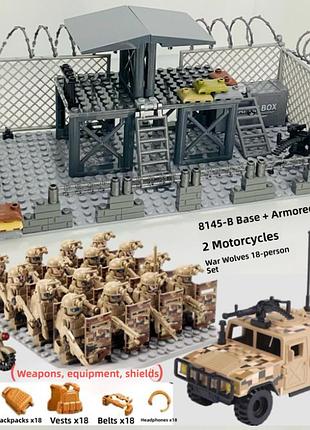 Великий ігровий набір: військовий конструктор «база спецназу swat war wolves» — 18 мініфігур, бронеавтомобіль та мотоцикли