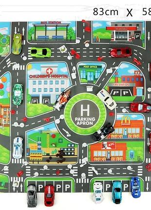 Игровой коврик «город и дороги» 83×58 см / play mat city road map – детский коврик с дорогами, зданиями и паркингом для машинок