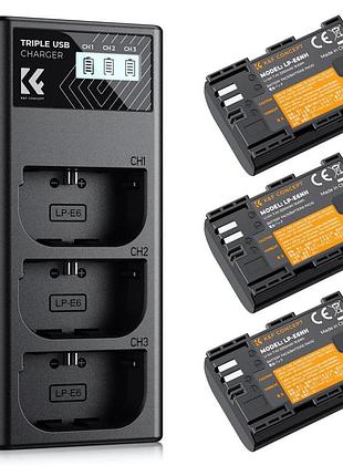 Комплект з трьох акумуляторів 2250mah і триканального зарядного пристрою k&f concept lp-e6nh для canon (kf28.0039)