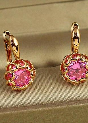 Сережки xuping jewelry парфе з рожевим каменем 2 см золотисті