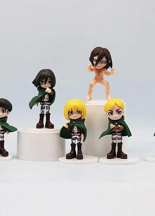 Набор фигурок attack on titan / атака титанов chibi 6 шт — коллекционные аниме фигурки эрен, микаса, леви, армин, эрвин, титан —