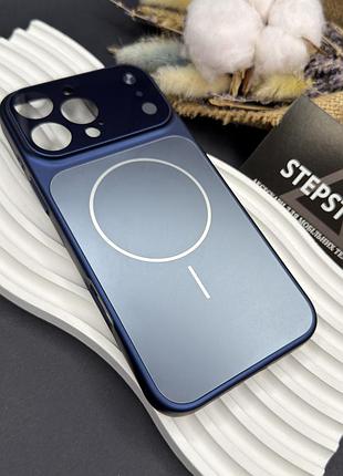 Чехол для iphone 16 pro max с magsafe и линзами на камеру стеклянный матовый glass acrylic case синий (deep blue)