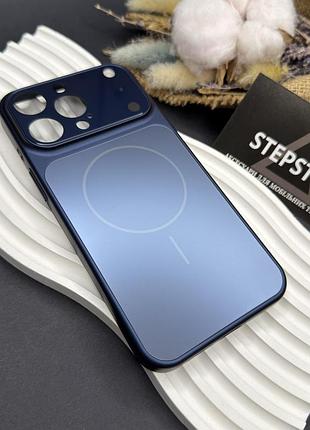 Чехол для iphone 15 pro max с magsafe и линзами на камеру стеклянный матовый glass acrylic case синий (deep blue)