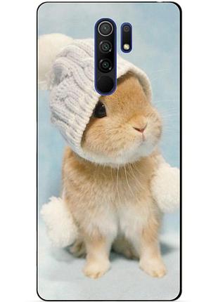 Силиконовый бампер чехол для xiaomi redmi 9 с рисунком зайчик в шапке
