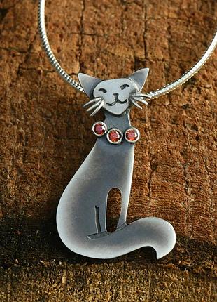 Кулон серебряный 925° в виде котика с ожерельем cat