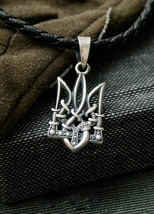 Кулон серебряный 925° "тризуб з шаблями" 27х15 мм