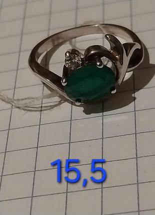 Серебряное кольцо с зеленым агатом, 925проба серебра, 15,5 размер