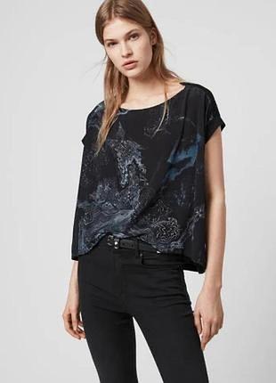 Allsaints женская блуза-топ xs | черный с мраморным синим принтом | вискоза, хлопок