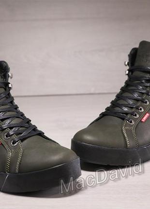 Кожаные зимние ботинки кроссовки на меху levis oregon olive3 фото