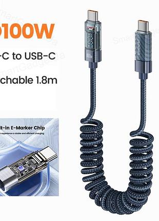 Кабель спіральний toocki type-c – type-c pd 100w (20v/5a) led дисплей швидка зарядка 1,8м blue