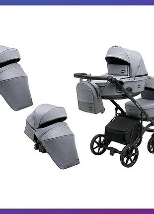 Дитяча універсальна коляска-трансформер 2 в 1 для двійні bair kiwi duo soft bkp-218 з дощовиками та москітними сітками сірий