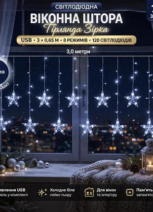 Bloomwin led гірлянда «зіркова штора» 3×0,65 м — холодне сяйво, 12 зірок, 8 режимів, usb