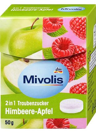 Декстроза конфеты с виноградным сахаром, яблоко-малина mivolis traubenzucker 2in1, himbeere-apfel, 50 г, от dm