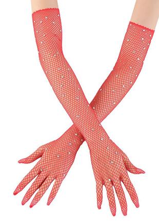 Перчатки в сеточку с камушками длинные красные 6397 красного цвета сетка стразы