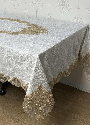 Скатертина велюр acme tekstil 160x220 lux payidar krem-gold pvs