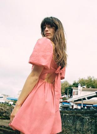 Zara сукня лляна коротка з відкритою спиною пишні рукава плаття