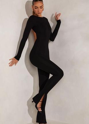 Трикотажный крутой комбинезон с открытой спинкой. брюки клеш с разрезами 🖤 oh polly